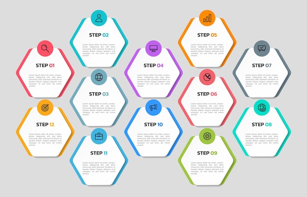 Vector vector twaalf stappen zeshoekige infographic sjabloon ontwerp