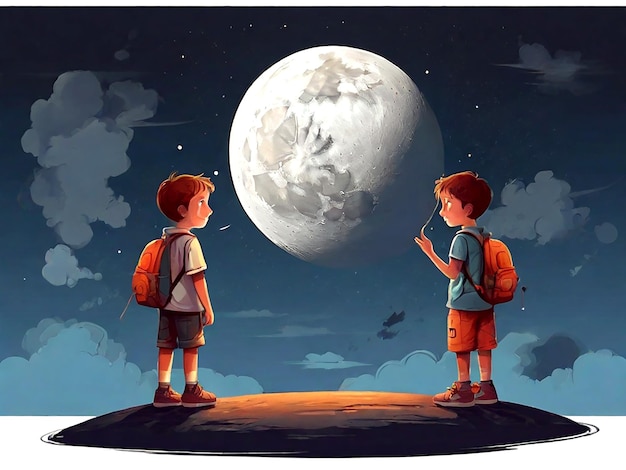 Vector Twee jongens praten bij de maan geïsoleerd