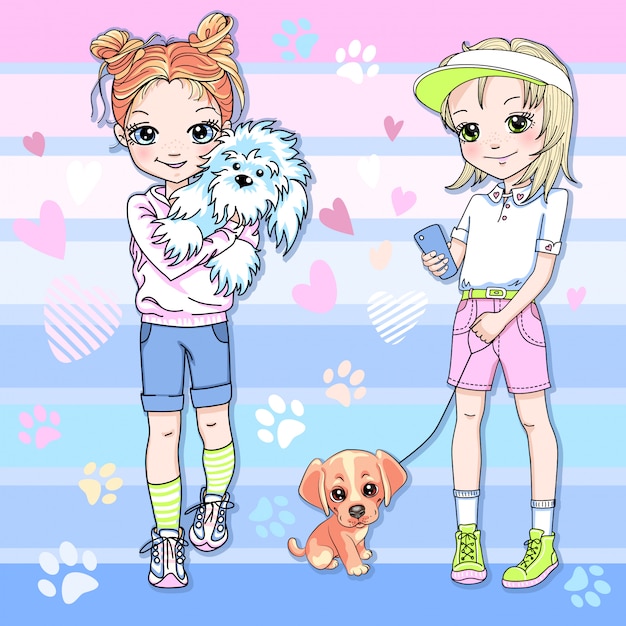 Vector Twee schattige blonde en roodharige meisjes met puppyhonden