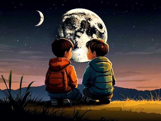 Due ragazzi che parlano vicino alla luna isolati