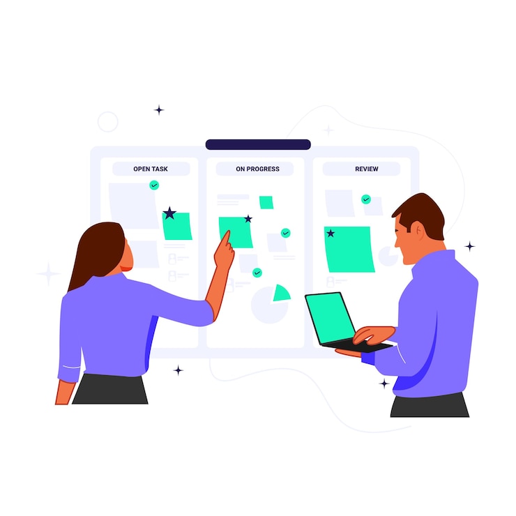 Vector vector of two employee male and female managing their task on a board