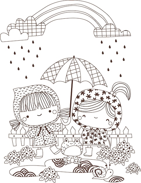 a vector of two kids playing in the rain together in black and white colors