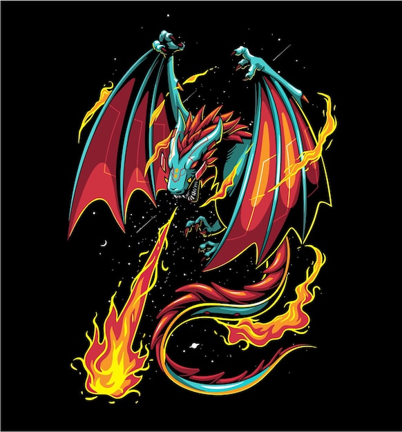 ベクトル 黒の背景に火を吐く 2 本足のドラゴンをベクトルします。