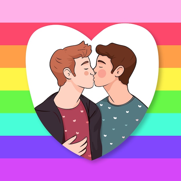 ベクトル 2 人の男性同性愛者キス LGBT 愛カップル コンセプト手描きプライド月フラット イラストプライド