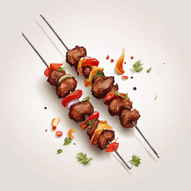 Vector vector two skewers with fried kebab on a white background