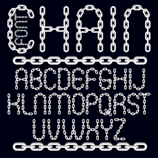 Vector type font, script from a to z. capital creative letters made with iron chain, linked connection.