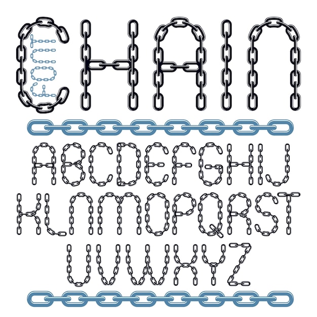 벡터 유형 글꼴, a에서 z까지의 스크립트. 크롬 체인, 연결을 사용하여 만든 대문자 장식 문자.