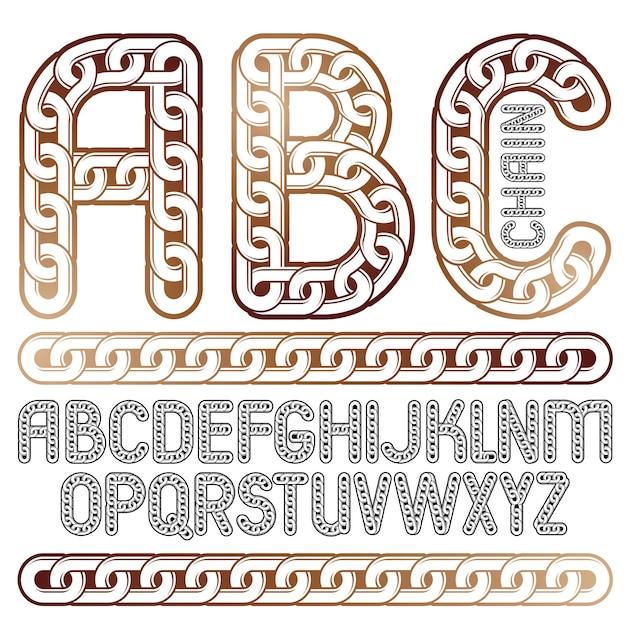 Vector type font, script from a to z. Upper case decorative letters, abc created using metal connected chain link.