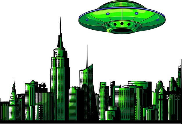 vector UFO with Light Over City