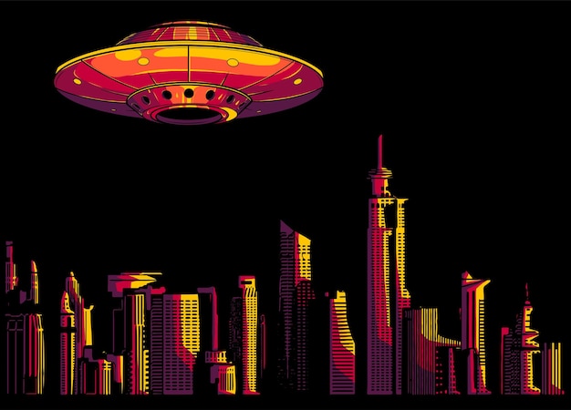 vector UFO with Light Over City