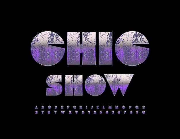 Vector unique flyer chic show with purple silver font rusty metallic alphabet letters and numbers