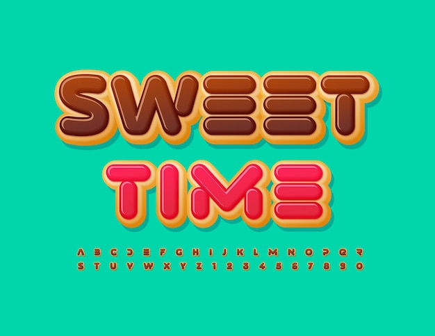 Vector unique poster Sweet Time. Abstract Choco Font. Donut cake Alphabet Letters and Numbers set