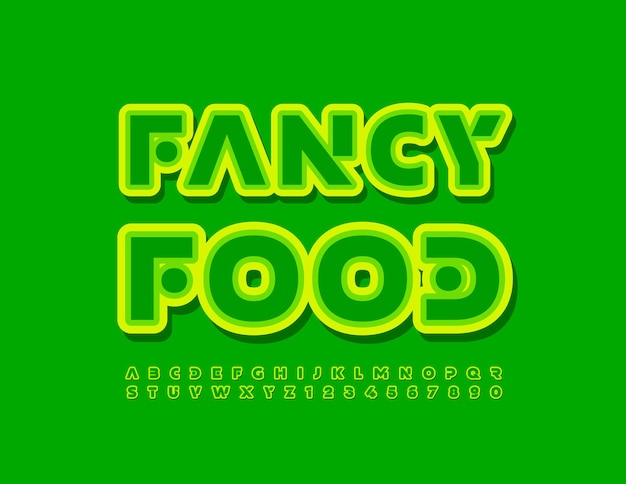 Vector unique sign Fancy Food Green abstract Font Sticker style Alphabet Letters and Numbers set