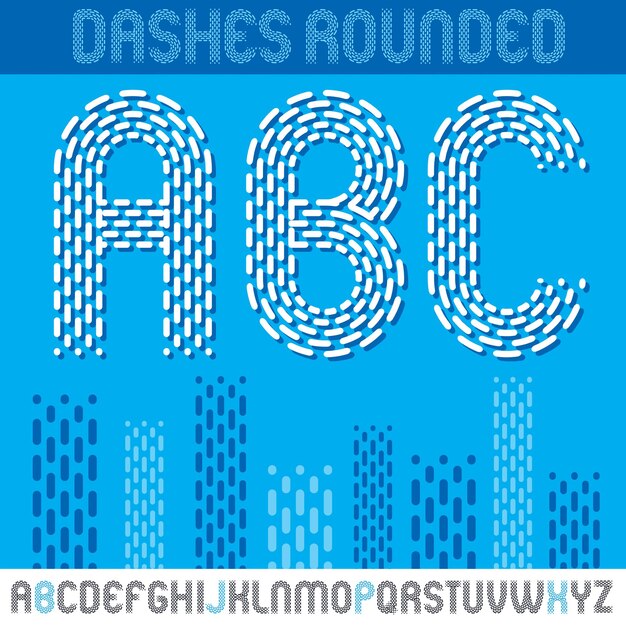 ベクトル大文字現代アルファベット、abc セット。丸みを帯びた太字のフォント、レトロなポスター デザイン要素として使用する typescript。破線、平行線を使用して作成。