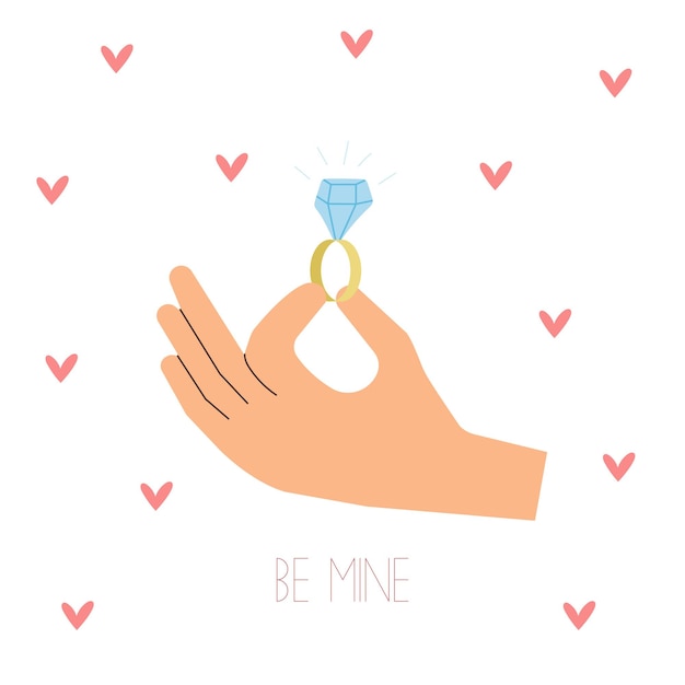 Vector vector valentine day greeting card in cartoon flat style male hand holding engagement ring