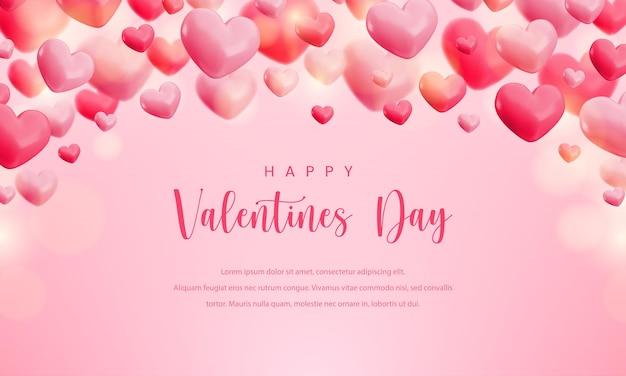 Vettore vector valentines day banner template carino volante palloncini rosa cuore su sfondo rosa morbido lucido