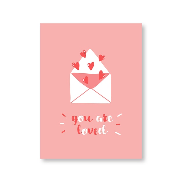 Vector vector valentines day card. cute flat hand drawing design letter with hearts. you are loved love