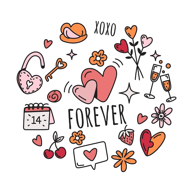 Vector vector valentines day elements in round composition in doodle style