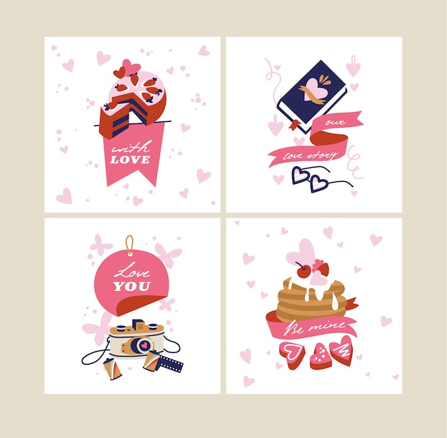 Cartoline d'auguri modello di san valentino vettoriale con attributi segni e simboli d'amore carino romantico