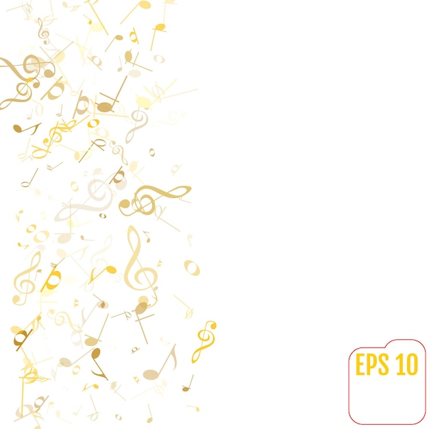 Vector vallende notities achtergrond frame van treble clefs bassleutels en muzieknoten gouden muzikale symbolen van verschillende grootte op witte achtergrond