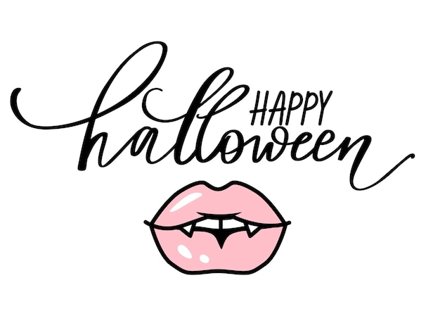 Vector vampire lips. Halloween illustration. Mouth with fangs. Pink Female lips isolated on white background. Happy Halloween Vector Hand drawn lettering phrase. October 31
