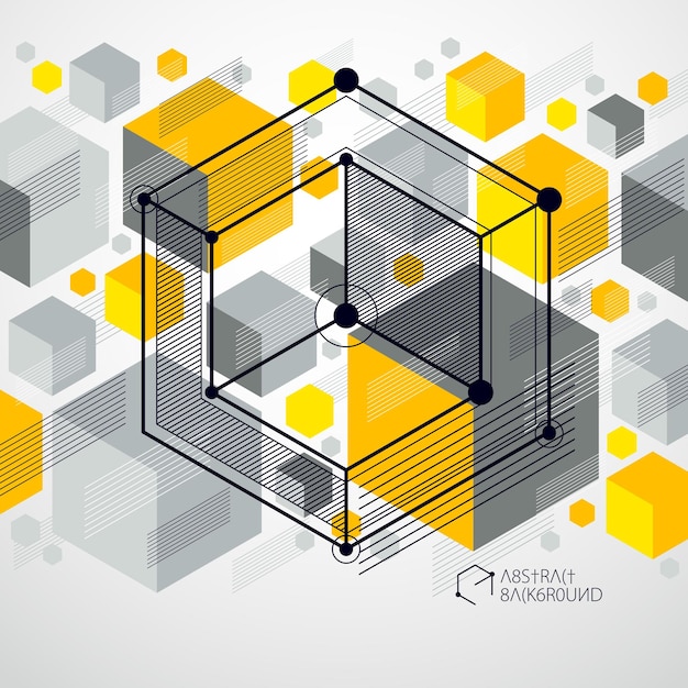 Vector van abstracte geometrische 3d-kubus patroon en gele achtergrond. lay-out van kubussen, zeshoeken, vierkanten, rechthoeken en verschillende abstracte elementen.