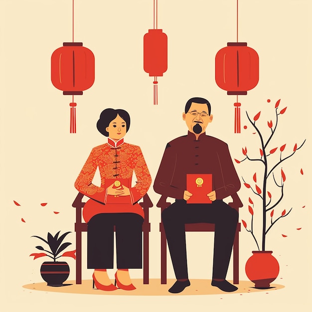 Vector van Chinese ouders met rode zak voor de viering van Chinees Nieuwjaar