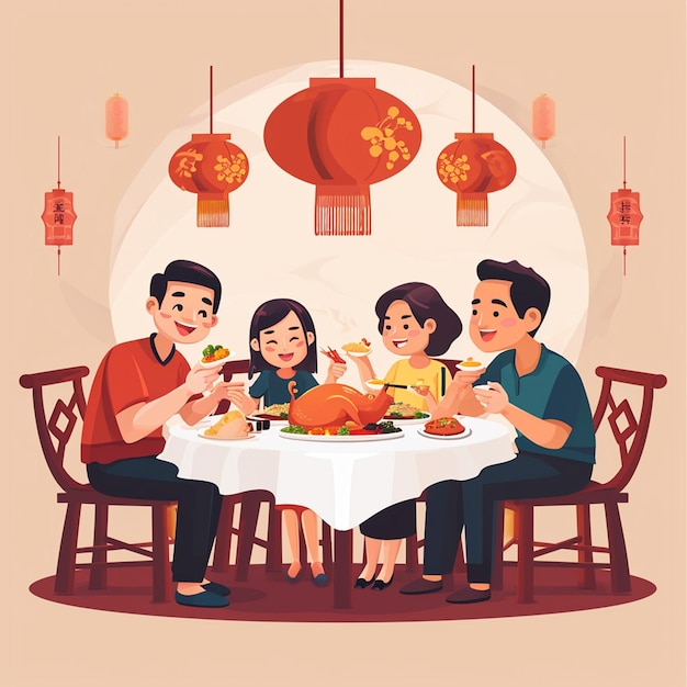 Vector vector van een chinees gezin dat dineert