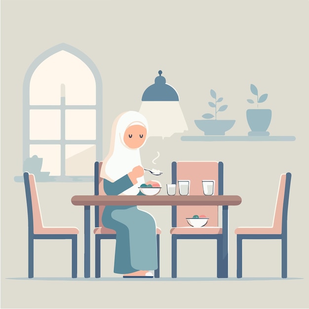 Vector van een moslimvrouw die eet in een platte ontwerpstijl.