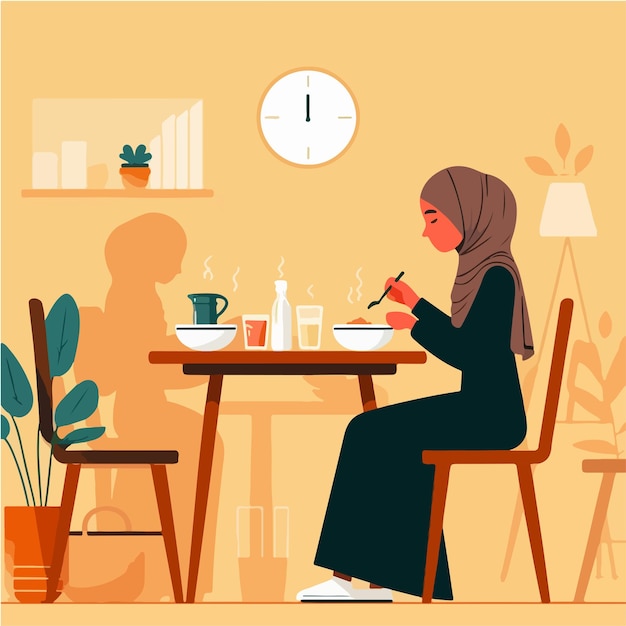 Vector van een moslimvrouw die eet in een platte ontwerpstijl.
