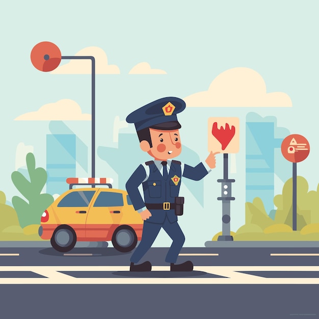 Vector van een politieagent die het verkeer op een drukke stadsstraat regelt