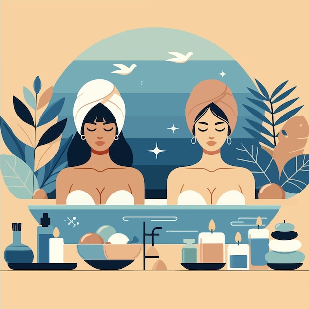 Vector vector van mensen die een spa hebben met een eenvoudige en minimalistische platte ontwerpstijl