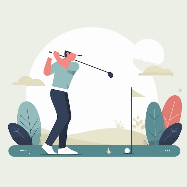 Vector vector van mensen die golf spelen met een eenvoudige en minimalistische platte ontwerpstijl
