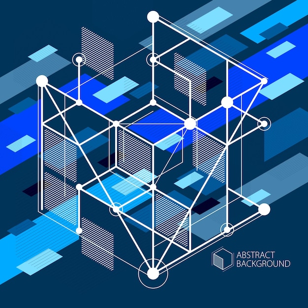 Vector van moderne abstracte kubieke roosterlijnen blauw zwarte achtergrond. Lay-out van kubussen, zeshoeken, vierkanten, rechthoeken en verschillende abstracte elementen. Abstracte technische 3D-achtergrond.