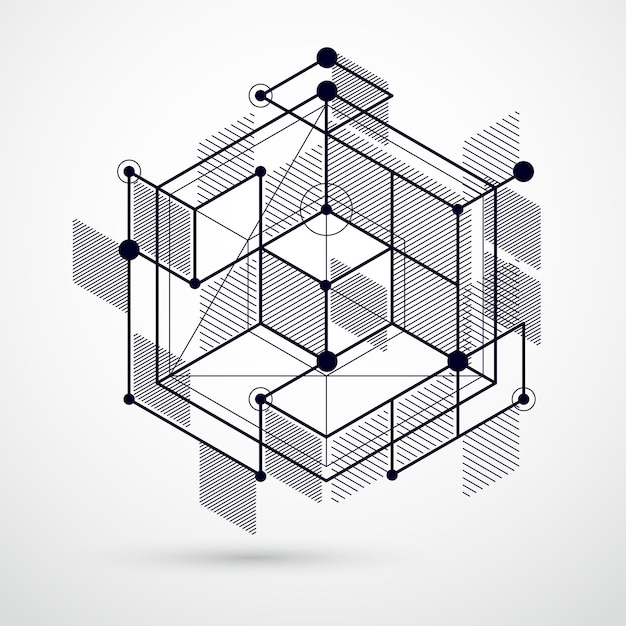 Vector van moderne abstracte kubieke roosterlijnen zwart-witte achtergrond. Lay-out van kubussen, zeshoeken, vierkanten, rechthoeken en verschillende abstracte elementen. Abstracte technische 3D-achtergrond.