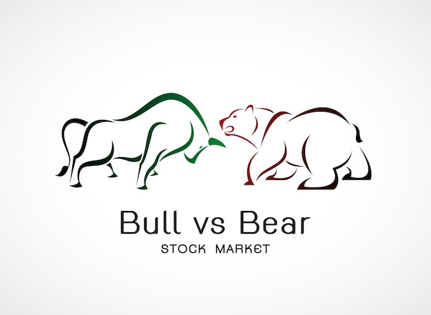 Vector van stier en beer symbolen van trends op de aandelenmarkt. Beurs en bedrijfsconcept. De groeiende en dalende markt. Wilde dieren.