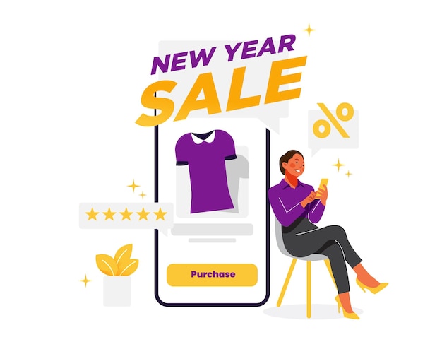 Vector van vrouwen die hun telefoon gebruiken om online te winkelen bij nieuwjaarsverkoop