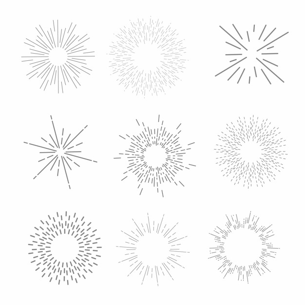 Vector van zonnestralen en stralen in vele stijlen met de hand getekend sunburst zonneschijn collectie