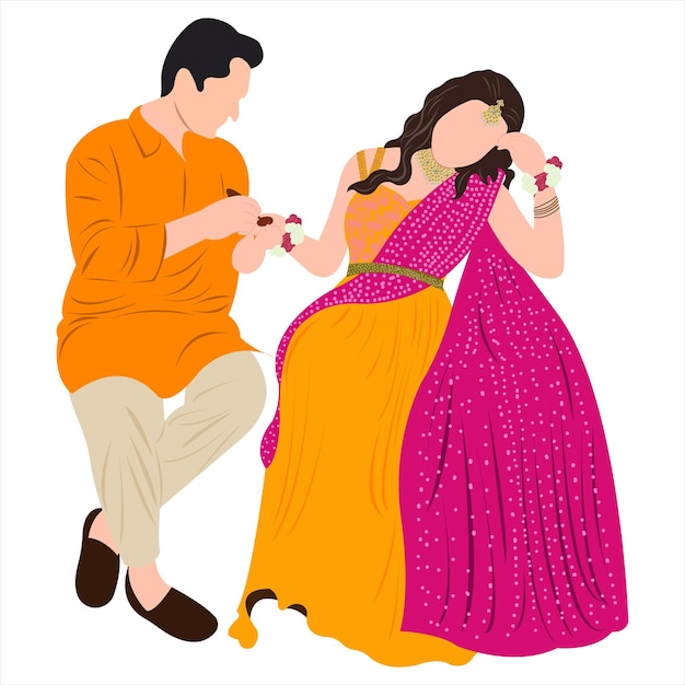 Vector vector cute indian couple cartoon in traditional dress posing for wedding invitation card des