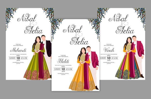 Vector vector cute indian couple cartoon in traditional dress posing for wedding invitation card des