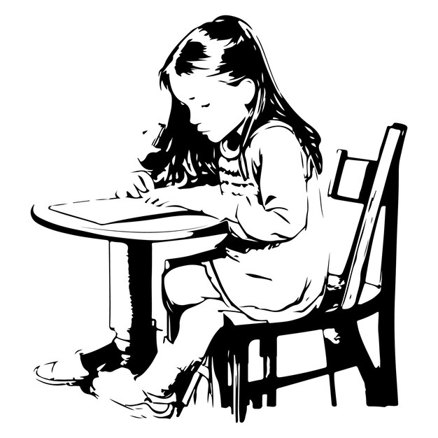 Vector vector a vector of a girl he sits on the table with a book in black and white coloring