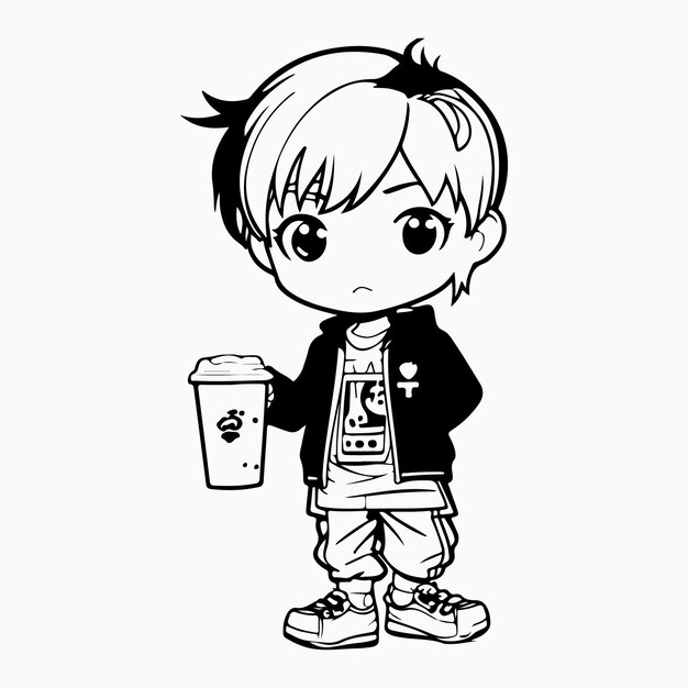 Vector a vector of a one milk tea cute boy girl style in black and white coloring