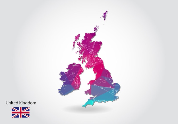 Vector vector veelhoekige kaart van het verenigd koninkrijk. laag poly-ontwerp. kaart gemaakt van driehoeken op witte achtergrond. geometrische verkreukelde driehoekige laag poly-stijl gradiëntafbeelding, lijnstippen, ui-ontwerp.