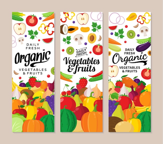 Vector vegetables and fruits vertical banners