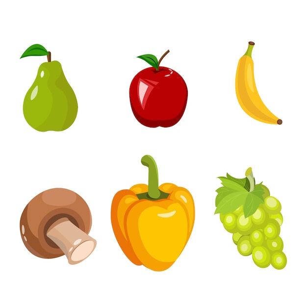Набор иконок векторные овощи в мультяшном стиленабор овощей и фруктов с бликами