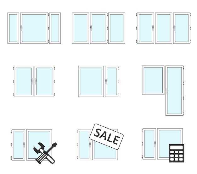 Vector vensterpictogrammen Kunststof ramen infographics installatie en reparatie PVC-ramen