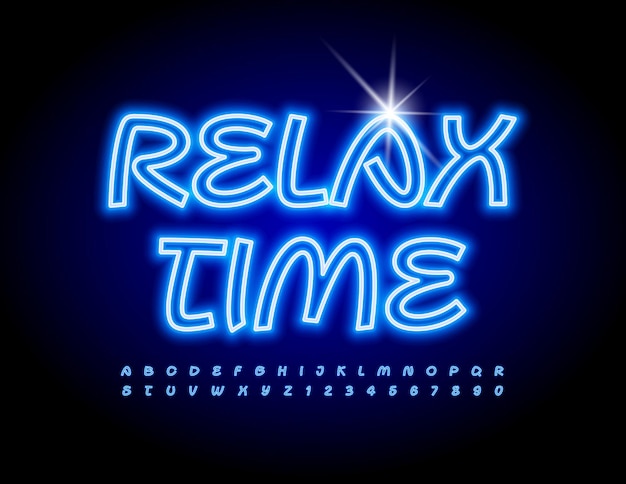 Vector verlicht teken relax time blue neon alfabetletters en cijfers instellen gloeiend licht lettertype