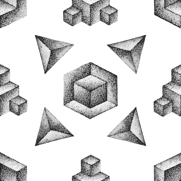 Vector verschillende monochroom blackwork gravure vintage geometrische platonische solide illustraties ornament decoratie naadloze patroon witte achtergrond