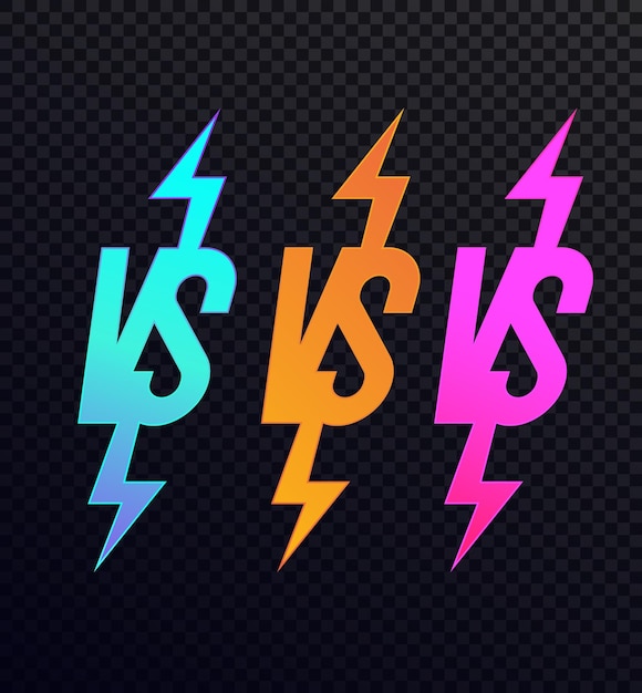 Vector versus sign set moderne neon stijl geïsoleerd op doorzichtige achtergrond voor gevechtssport competitie wedstrijd wedstrijd spel aankondiging van twee vechters VS icoon 10 eps