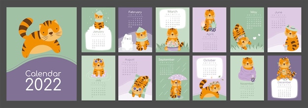 Vector vertical calendar 2022 with symbol of the year tiger. cute funny character. week stars in sunday. template with cover in size a4 a3 a2 a5.